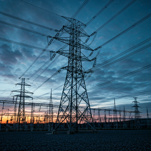 Zwart-wit beeld van elektrische infrastructuur in haven- of terminalcontext, passend bij walstroom en duurzame transportinfrastructuur.